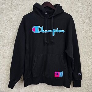 Champion Hoodie Mens L‎ Black Reverse Weave Chenille Script Patch 19 Pullover